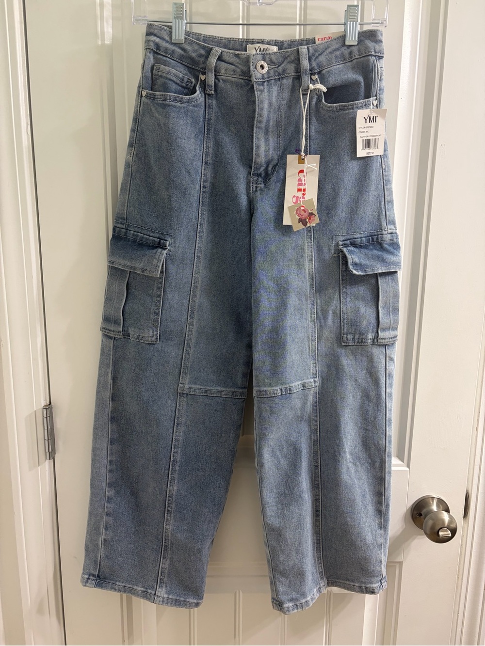 YMI Girl Light Wash Blue Denim Wide-Leg Barrel Cargo Jeans Sz Y12